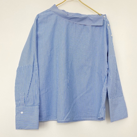 Zara Off Shoulder Button Striped Long Sleeve Top - Picture 2 of 8